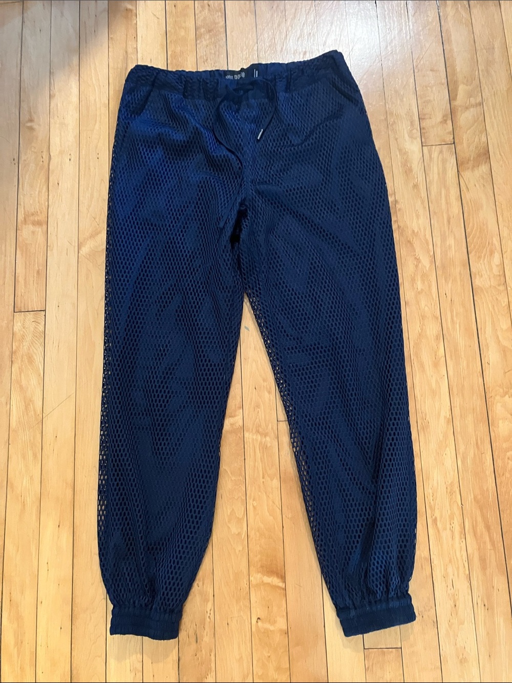 Wildfang Empowered Mesh Navy Blue Drawstring Pants Joggers Lined Baggy Loose